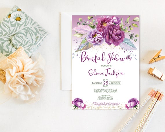 Purple Floral Bridal Shower Invitation, Peonies Shower Invitation, Printable Bridal Shower, Editable Template, Watercolor Purple Ombre