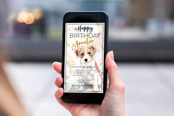 Jack Russell Dog Navy Gold Marble Electronic Birthday, Smartphone SMS Editable template, EcoFriendly, Electronic eCard Birthday Greeting