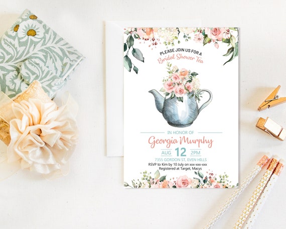 Blush Tea Party Floral Bridal Shower Invitation, High Tea Shower Invitation, Printable Bridal Shower, Editable Template, Watercolor Bridal