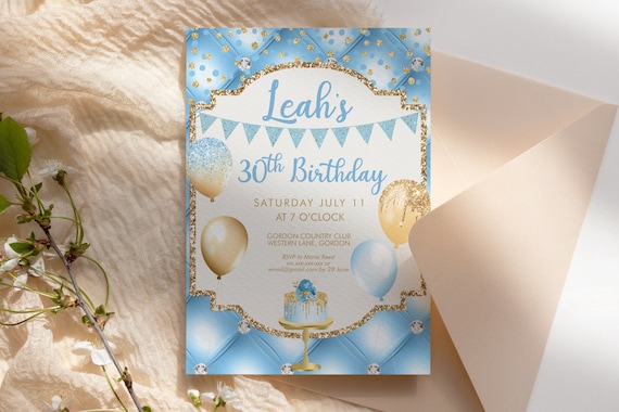 Blue Gold Glitter Birthday Balloons Invitation Printable Template, Glitter Cake Editable Any Age Party Invitation Women, Printable Card