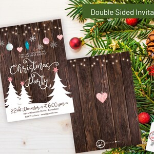 May include: Double-sided Christmas party invitation with a rustic wood background. The front features text: "Christmas Party" and event details. The back has a hanging heart. Festive decorations include string lights, ornaments, and Christmas trees.