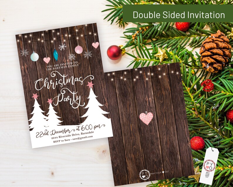 May include: Double-sided Christmas party invitation with a rustic wood background. The front features text: "Christmas Party" and event details. The back has a hanging heart. Festive decorations include string lights, ornaments, and Christmas trees.