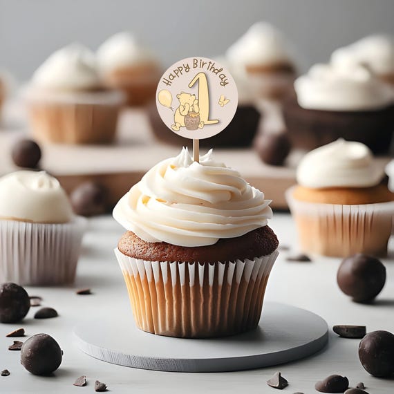 Classic Pooh bow 1st Birthday cup cake toppers: little hunny turning 1, honey pot picks(Printable Template)