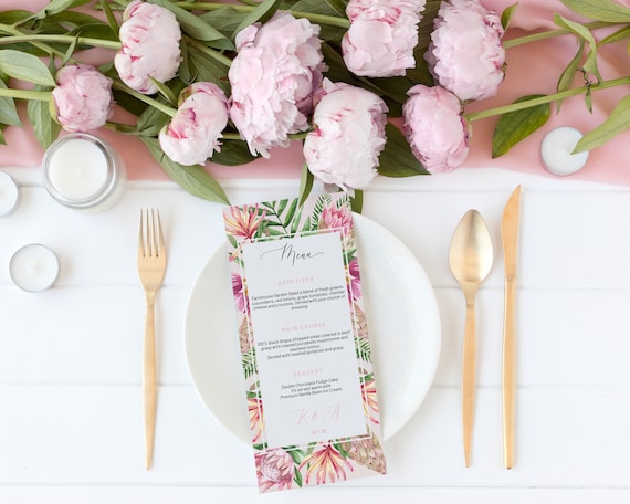 Protea Floral Wedding Menu, Editable Menu, Menu Cards, Printable Menu, King Protea Wedding Menu, Pink Party Menu, Wildflower Menu Download