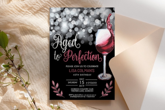 Aged to Perfection Wine Birthday Invitation Printable Template, Black Sparkle Editable Birthday Party Invitation, Printable Red Wine Invite