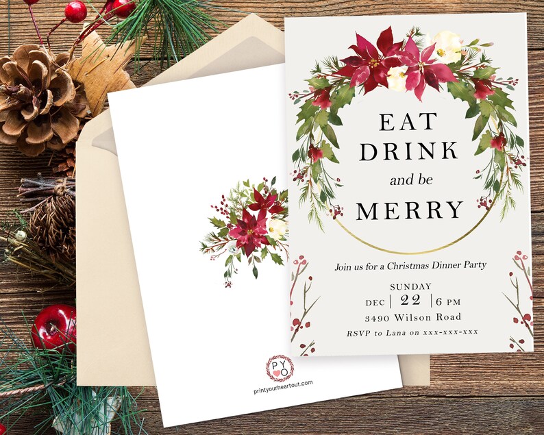 Pu&ograve; includere: Invito per una cena di Natale con un design a ghirlanda floreale. L'invito presenta il testo "EAT DRINK and be MERRY" in nero. L'invito include la data, l'ora e il luogo della festa.