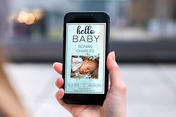 Blue Floral Boy Electronic Photo Baby Announcement, Smartphone SMS Editable template, EcoFriendly, New Baby eCard, Male Baby Birth Card