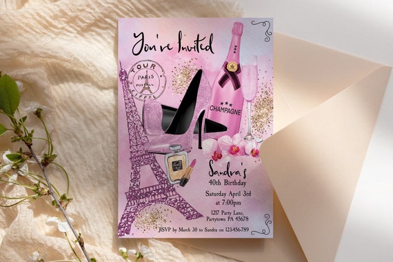 DIY Any Age Birthday Pink Paris Invitation Printable Template, Glitter Heels Shoes Orchids Editable Party Women, French Champagne, France