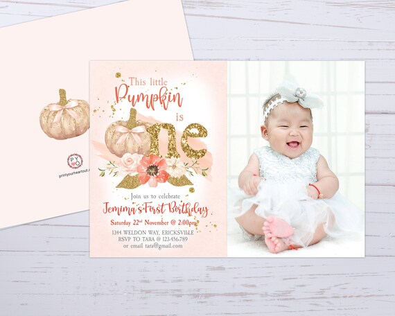 Pumpkin Girl 1st Birthday Photo Invitation Printable Template, One Editable Birthday Invitation for Girls, Gold Glitter First Birthday