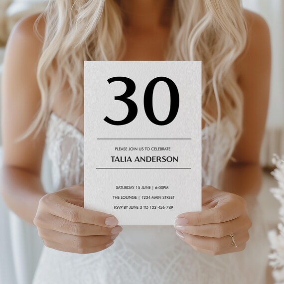 Elegant 30th Birthday Invitation - Minimalist Black White Bold Type –  (Editable Template)