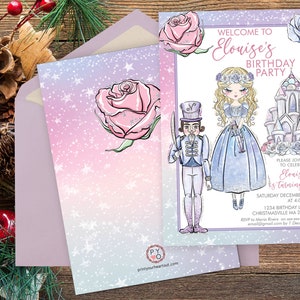 May include: A birthday party invitation with a watercolor design. The invitation features a princess, a nutcracker, and a castle. The text reads "Welcome to Elouise's Birthday Party". The invitation is on a wooden surface.