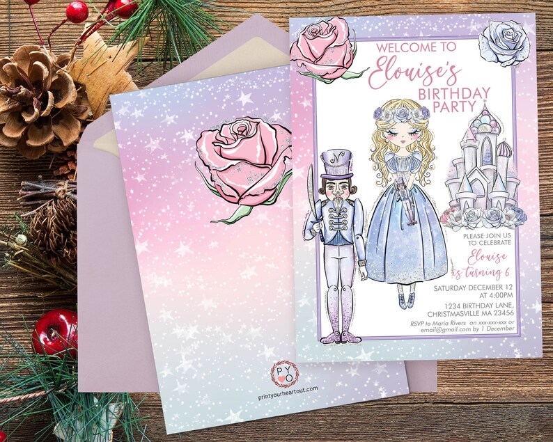 May include: A birthday party invitation with a watercolor design. The invitation features a princess, a nutcracker, and a castle. The text reads "Welcome to Elouise's Birthday Party". The invitation is on a wooden surface.