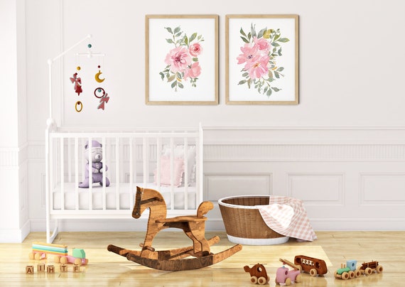 Pink Floral Art Print Set | Printable Nursery Art | Watercolor Kids Room | Baby Room Wall Art | Girl Nursery Decor | Set 2 Flower Prints