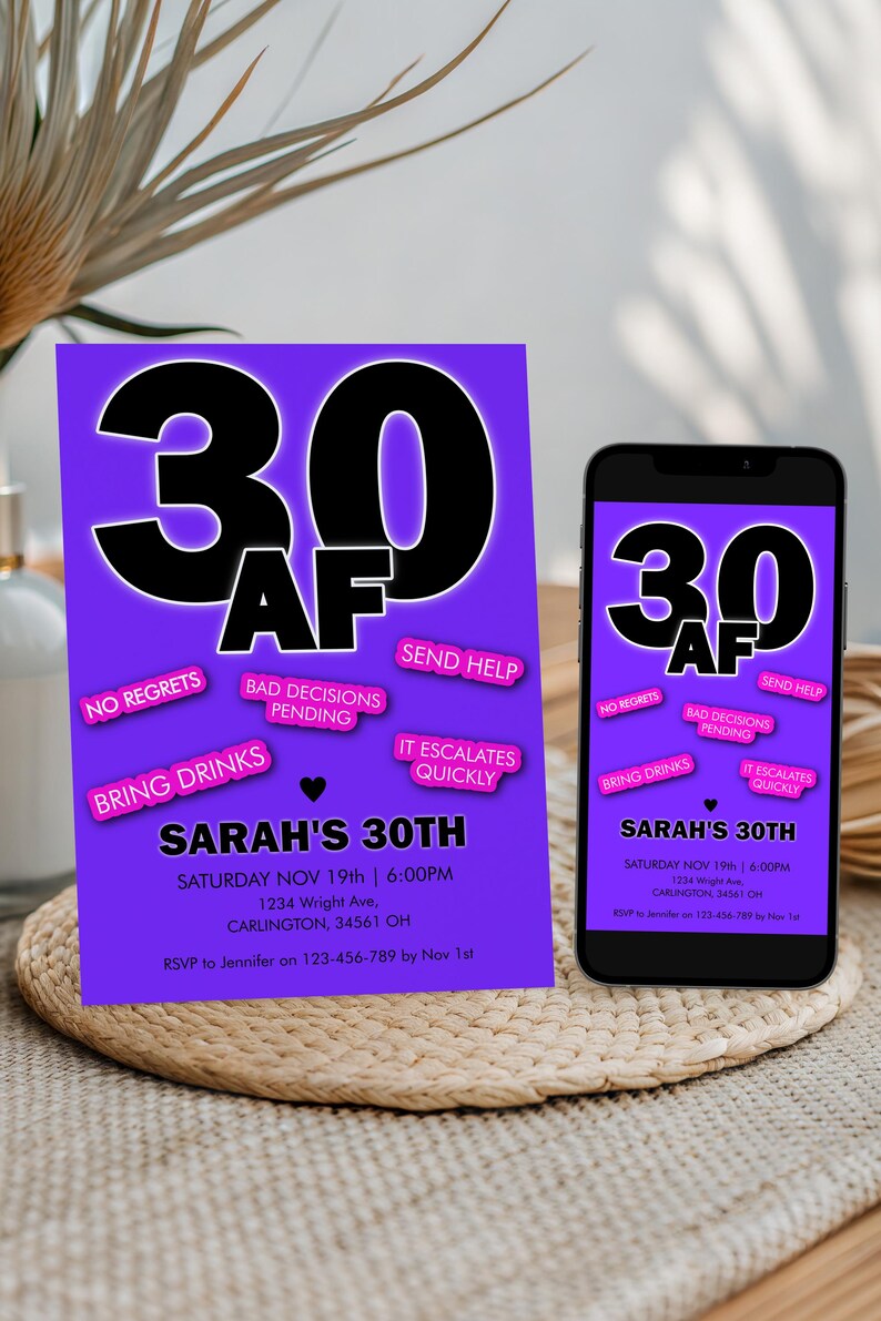 30 AF Invitation | Dirty 30 Birthday Invitation Editable | Adult 30th Party Invite | Girls Night Drinks Template | Corjl Printable image 4