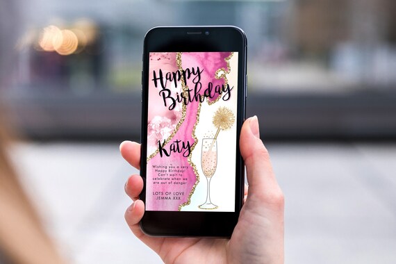 Pink Champagne Marble Electronic Birthday, Smartphone SMS Digital Editable template, EcoFriendly, Electronic Gold Agate Birthday Greeting