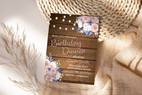 DIY Any Age Birthday Rustic Wood Pink Blue Roses Invitation Printable Template, Barn Dinner Dance Party Invite, Country Blush Floral Lights