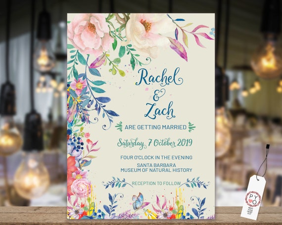 Bright Floral Wedding Invitation, Modern Invitation, Reception Invitation, Watercolor Blush Flower Invitation, Printable, Editable Template