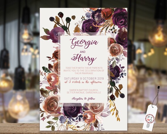 Fall Floral Wedding Invitation, Autumn Invitation, Rehearsal Invitation, Watercolor Flower Invitation, Gold Printable, Editable Template