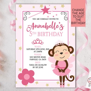 May include: Pink and gold birthday invitation with a monkey fairy holding a wand. The invitation says "You are cordially invited to Annabelle's 5th Birthday".