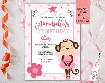 Pink Ballet Monkey Birthday Invitation Printable Template, Editable Invitation, Any Age Birthday, Cheeky Monkey Party, Girls Age Birthday