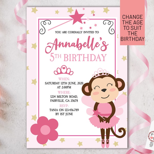 Pink Ballet Monkey Birthday Invitation Printable Template, Editable Invitation, Any Age Birthday, Cheeky Monkey Party, Girls Age Birthday