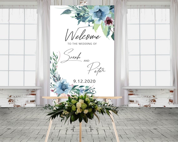 Blue Floral Wedding Sign • Pastel Welcome Wedding Sign • Leaves Wedding Sign • Editable Wedding Sign • Printable Sign • Template Sign