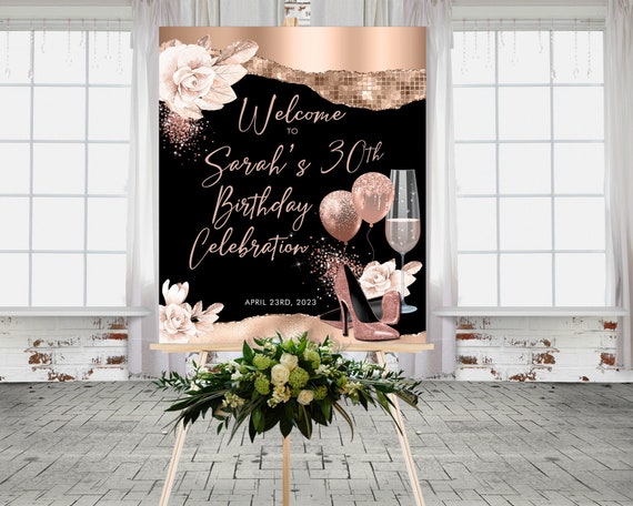 Rosegold Glitter Heels Floral Roses Birthday Welcome Sign Printable Template, Editable Champagne Black Party Sign for Women, Printable 24x30