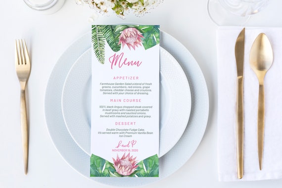 King Protea Wedding Menu, DIY Editable Menu, Menu Cards, Printable Menu, Pink Protea Wedding Menu, Party Menu, Menu Download, Tropical Menu