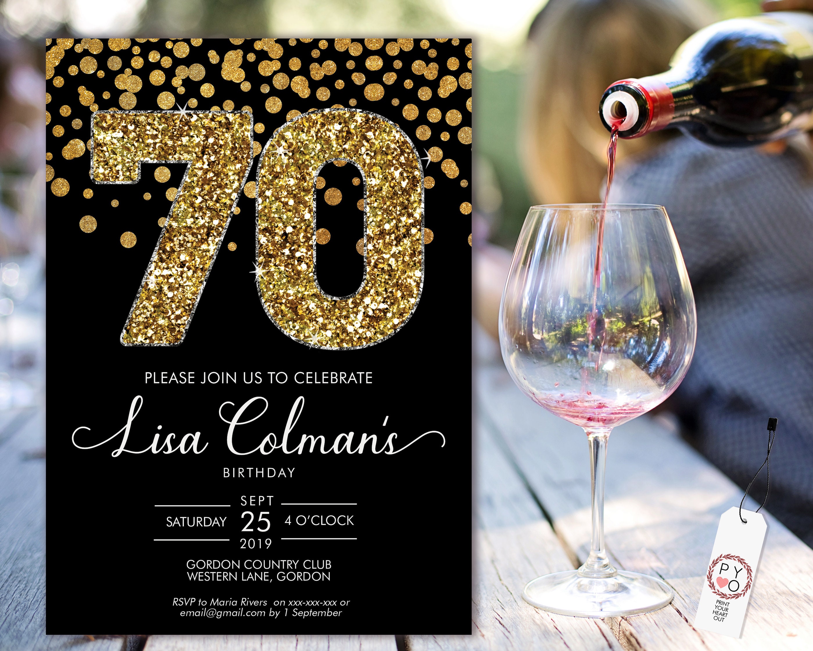 DIY 70th Birthday Confetti Invitation Printable Template, Black Gold Glitter Editable Birthday