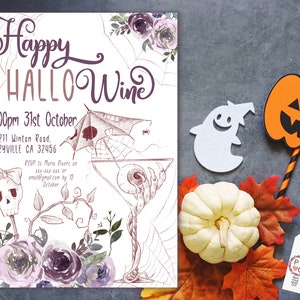 May include: A Halloween-themed invitation with the words "Happy HalloWine" in a decorative font. The invitation includes event details and is adorned with floral and spooky illustrations. A pumpkin, ghost, and fall leaves are arranged nearby.