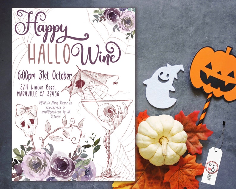 May include: A Halloween-themed invitation with the words "Happy HalloWine" in a decorative font. The invitation includes event details and is adorned with floral and spooky illustrations. A pumpkin, ghost, and fall leaves are arranged nearby.