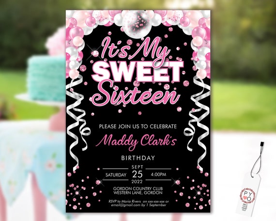 Sweet 16 Party Invitation Printable Template, Sixteen Black Editable, 16th Birthday, Pink Balloons, 16 Blush White Confetti Editable Invite