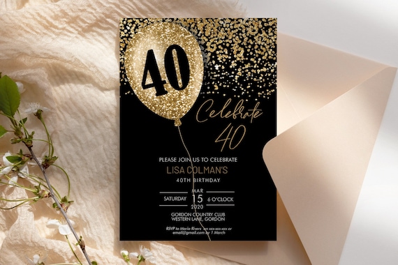 DIY 40th Birthday Balloon Invitation Printable Template, Black Gold Glitter Editable Birthday Party Invitation for Women, Printable Party