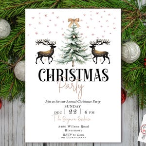 May include: A white Christmas party invitation with a Christmas tree, reindeer, and the text "CHRISTMAS Party". The invitation includes the date, time, and location of the party, along with an RSVP contact.