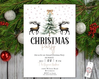 Reindeer Christmas Party Invitation, Winter Tree Scene (Digital Download)