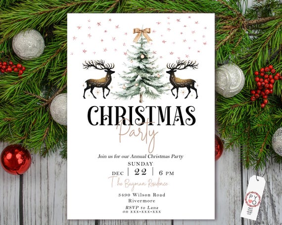 Reindeer Christmas PartyCelebration Tree Invitation, Snow Invitation, Winter Invite, Friends Family Party Home, Christmas Tree Scene, Gold