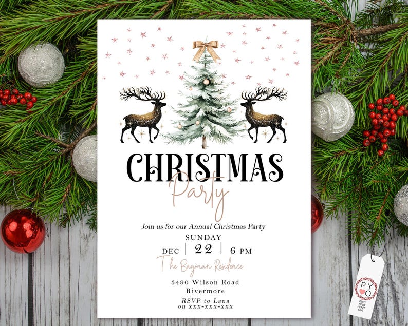 May include: A white Christmas party invitation with a Christmas tree, reindeer, and the text "CHRISTMAS Party". The invitation includes the date, time, and location of the party, along with an RSVP contact.