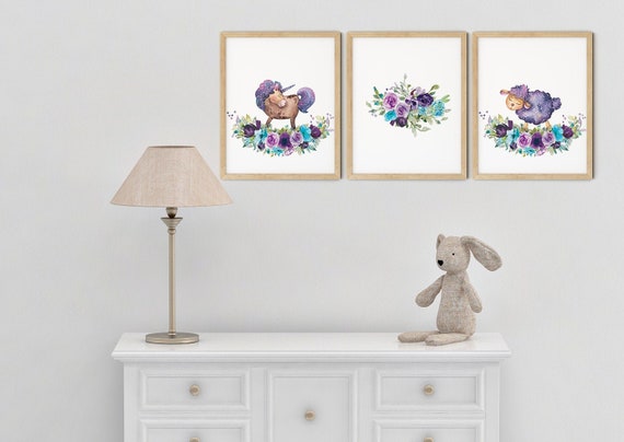 Baby Animals Purple Art Print Set | Printable Nursery Art | Kids Room Art | Lamb Unicorn Wall Art | Lilac Girl Nursery Decor | Set 3 Prints