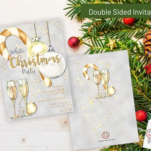 May include: Double-sided invitation for a "White Christmas Party." The front features watercolor illustrations of champagne flutes, baubles, and a candy cane. The back has similar illustrations. The invitation is on a light grey background with gold accents.