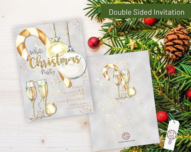 May include: Double-sided invitation for a "White Christmas Party." The front features watercolor illustrations of champagne flutes, baubles, and a candy cane. The back has similar illustrations. The invitation is on a light grey background with gold accents.
