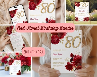 Red Floral 80th Birthday Invitation Bundle – Editable Template