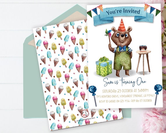 1st Birthday Boys Bear Invitation Printable Template, Editable Invitation, Party Hat First Birthday, Watercolor Cute Green Invite Boys