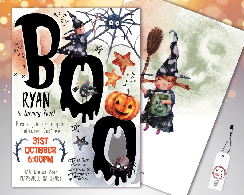 May include: Halloween-themed invitation with the word "BOO" in black dripping letters. The invitation includes a watercolor illustration of a witch, a pumpkin, stars, and a spider. Text includes the name "RYAN" and party details.