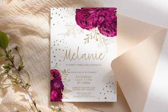 Hot Pink Gold Glitter Floral Birthday Invitation Printable Template, Magenta Flower Editable Party Dinner Women, Bright Any Age White Invite