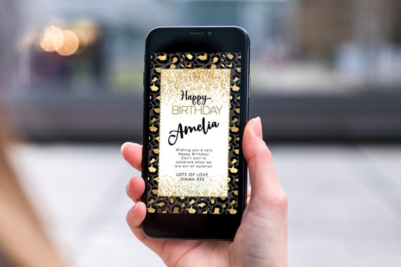 Gold Leopard Glitter Electronic Birthday, Smartphone SMS Digital Editable template, EcoFriendly, Electronic Black eCard Birthday Greeting