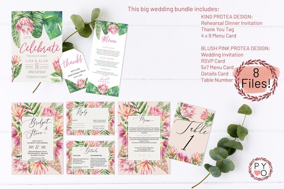 King Protea Wedding Invitation Bundle, Botanical Wedding, Thank You Tag, Tropical Wedding Menu, Editable Pink Table Numbers, Dinner