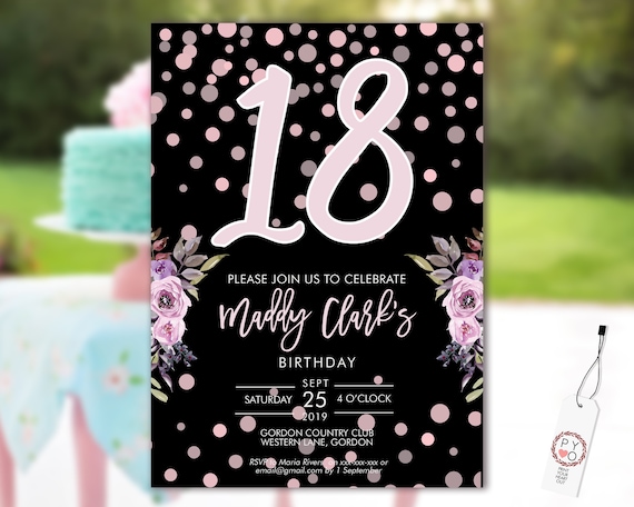 18th Birthday Confetti Invitation Printable Template, Pink Floral Editable Birthday Party Invitation for Women, Printable Invitation