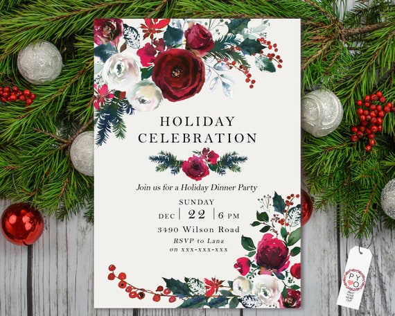 Holly Holiday Celebration Dinner Invitation, Christmas Invitation, Floral Grenadine, Red Green Invite, Friends Family Xmas Party at Home