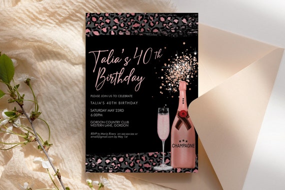 Pink Leopard Champagne Rosegold Glitter Invitation Printable Template, Safari Wild Drinks Editable Birthday Party Women Animal Print Card