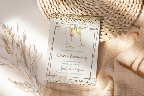 Gold Champagne Glitter Birthday Invitation Printable Template, White Gold Editable Birthday Drinks Party, Cocktails, Rosegold Printable Card